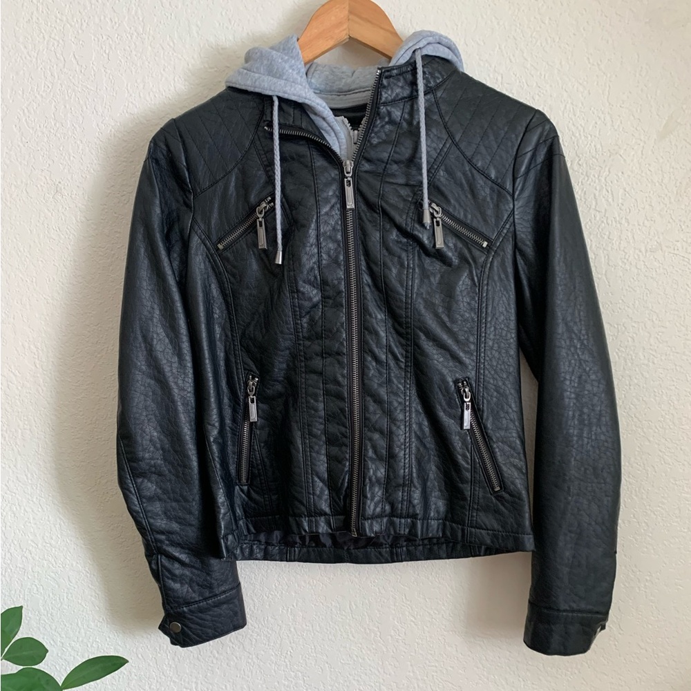 Black Faux Leather Hoodie Jacket